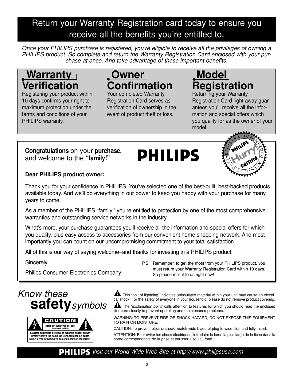 Safety, Warranty verification, Owner confirmation | Model registration, Hurry, Know these, Symbols | Philips 32RF50S User Manual | Page 2 / 52