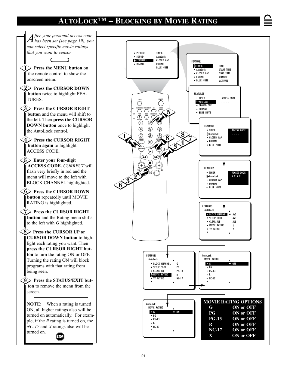 Locking by, Ovie, Ating | Philips 32RF50S User Manual | Page 21 / 52