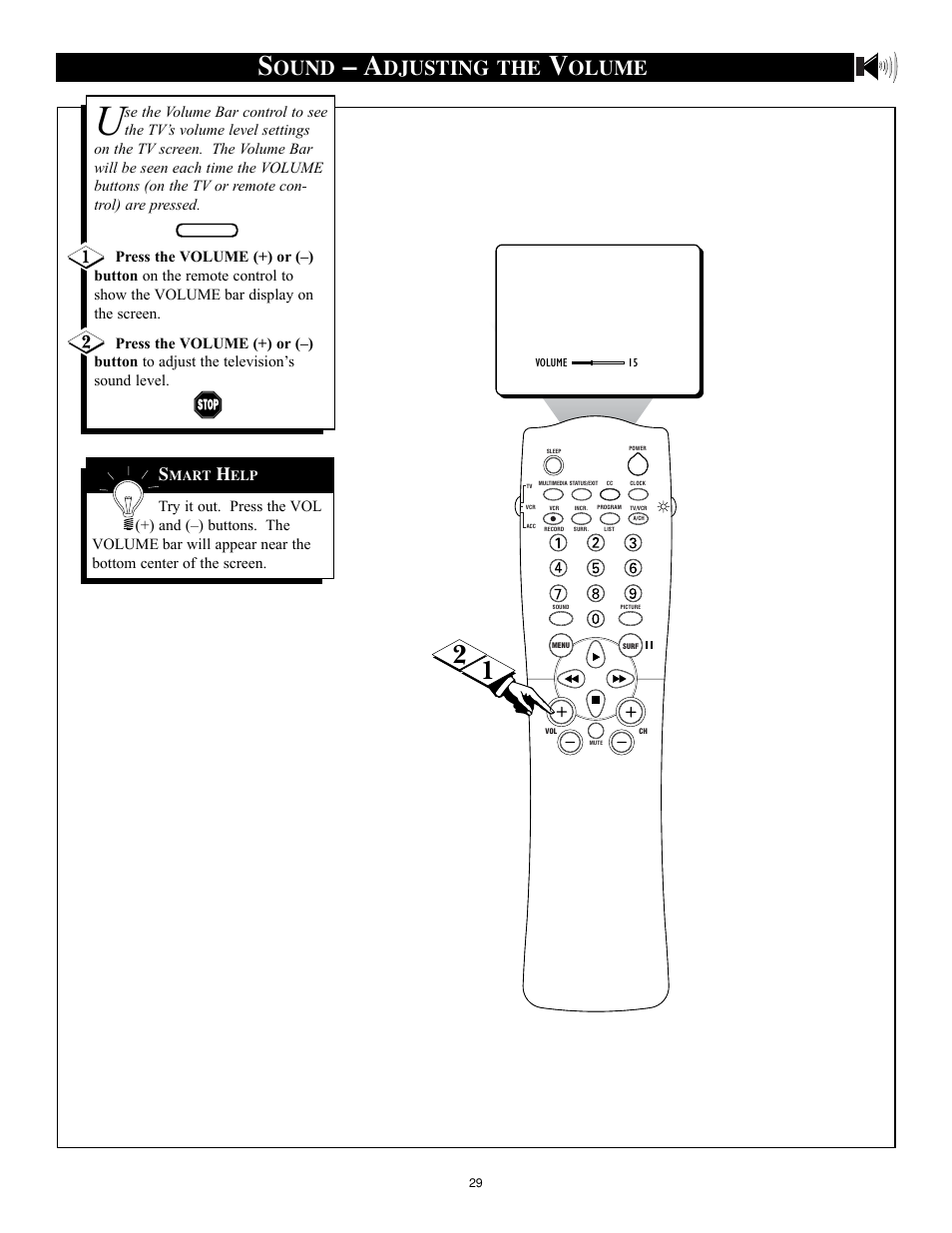 Ound, Djusting the, Olume | Philips 32RF50S User Manual | Page 29 / 52