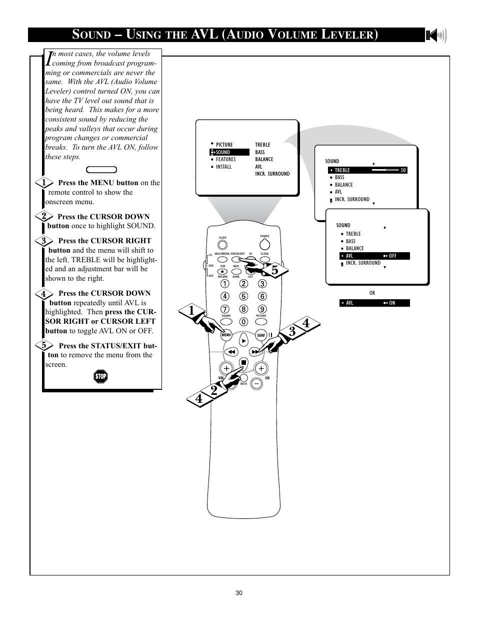 Avl (a, Ound, Sing the | Udio, Olume, Eveler | Philips 32RF50S User Manual | Page 30 / 52