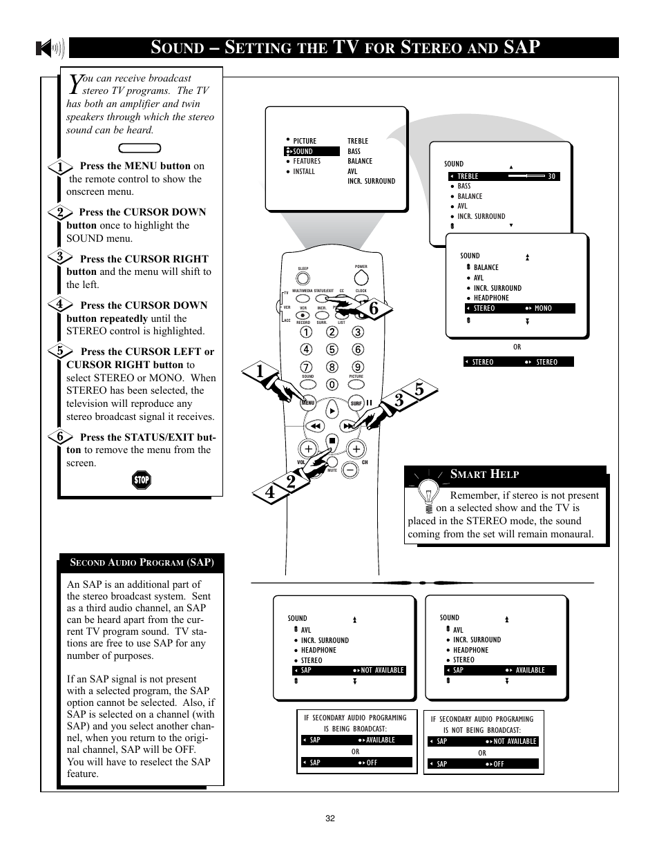 Ound, Etting the, Tereo and | Philips 32RF50S User Manual | Page 32 / 52