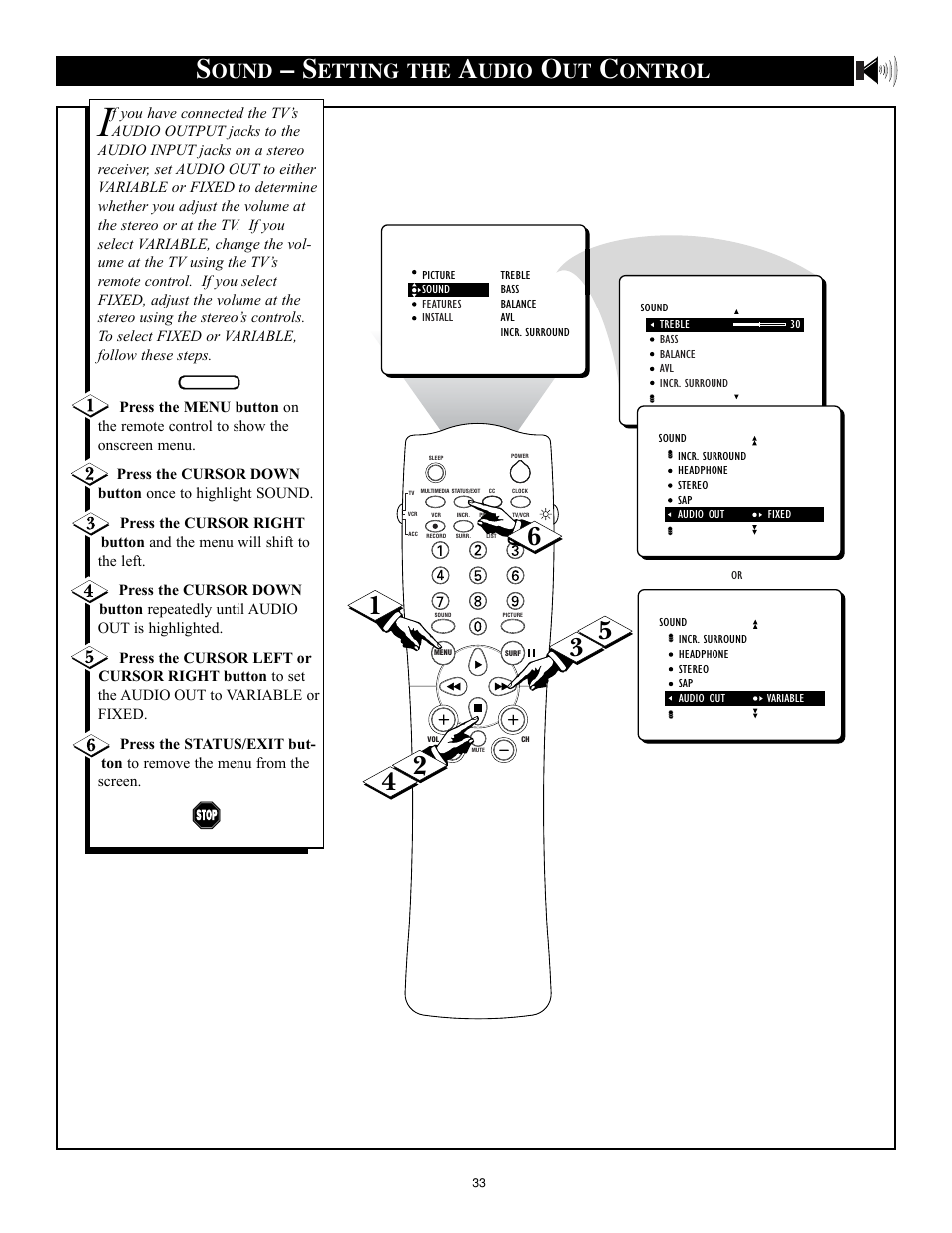 Ound, Etting the, Udio | Ontrol | Philips 32RF50S User Manual | Page 33 / 52