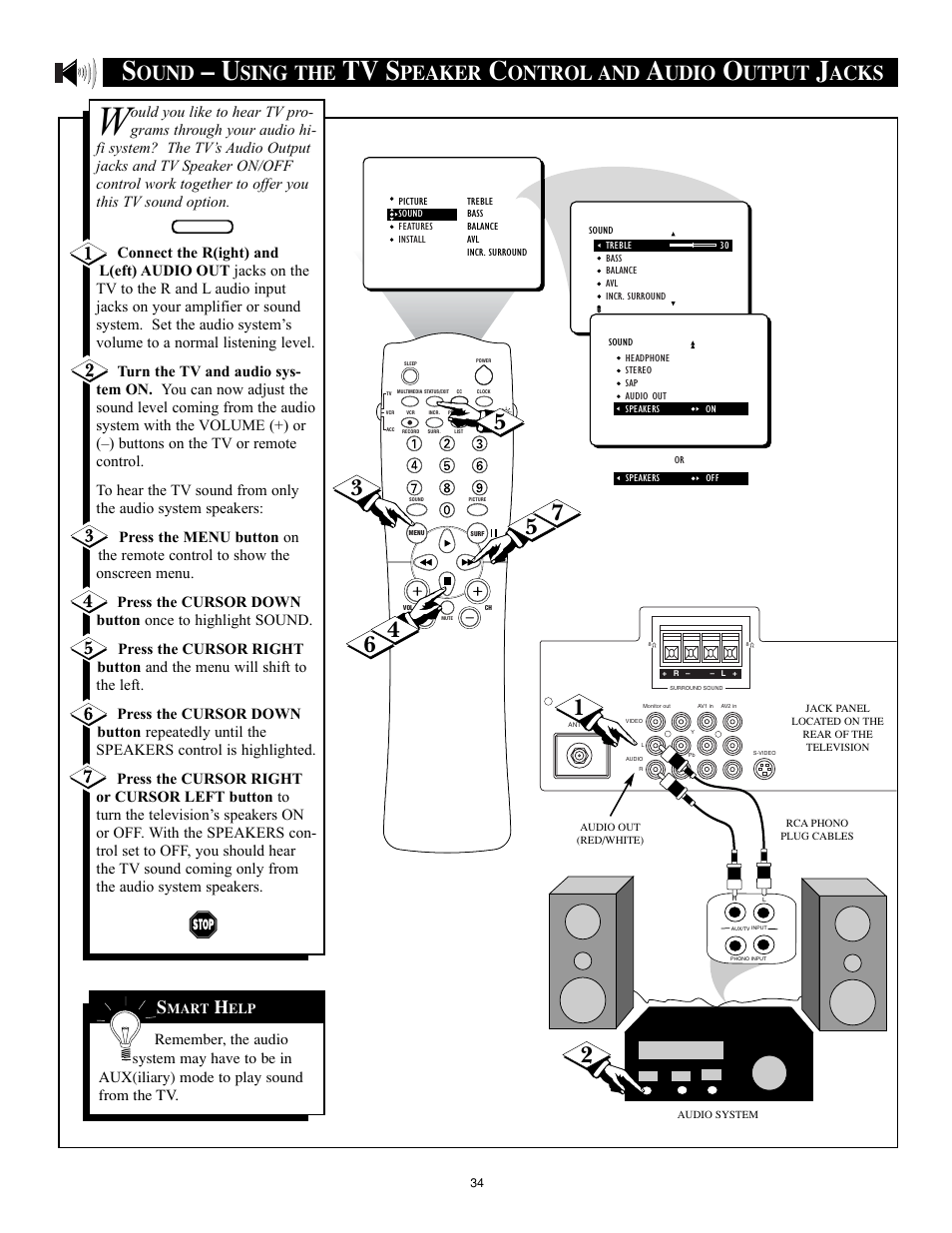 Tv s, Ound, Sing the | Peaker, Ontrol and, Udio, Utput, Acks | Philips 32RF50S User Manual | Page 34 / 52