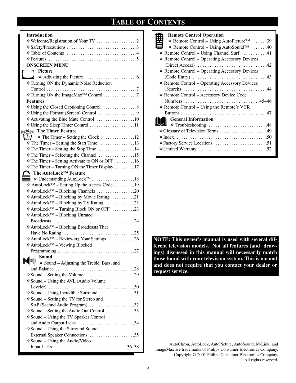 Able of, Ontents | Philips 32RF50S User Manual | Page 4 / 52