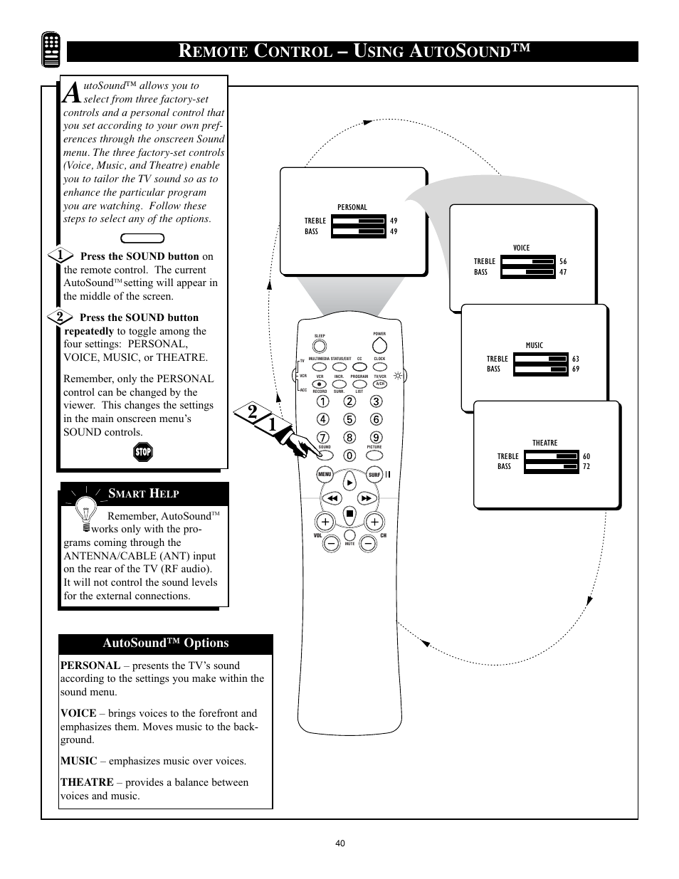 Emote, Ontrol, Sing | Ound, Autosound™ options | Philips 32RF50S User Manual | Page 40 / 52