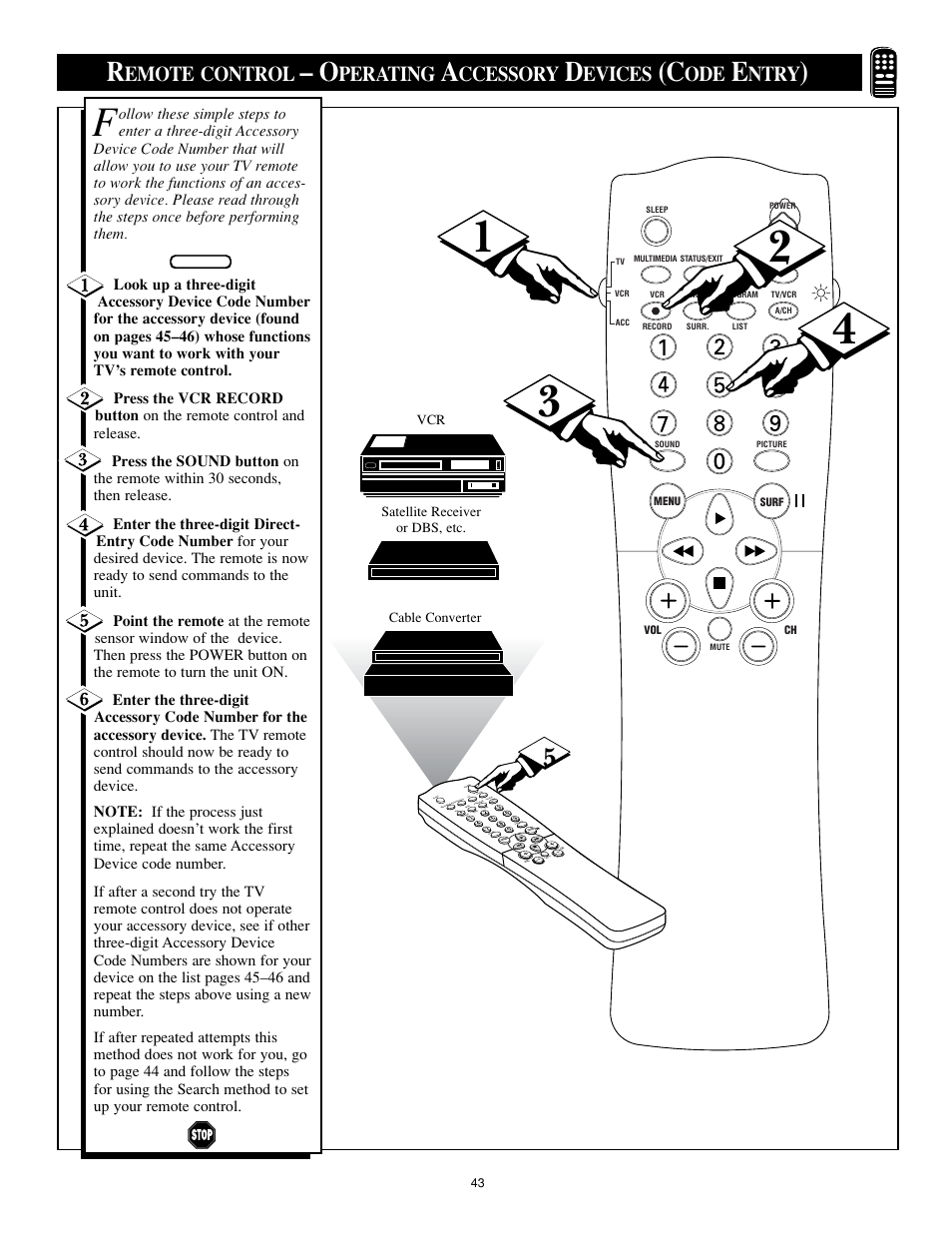 Emote control, Perating, Ccessory | Evices, Ntry | Philips 32RF50S User Manual | Page 43 / 52