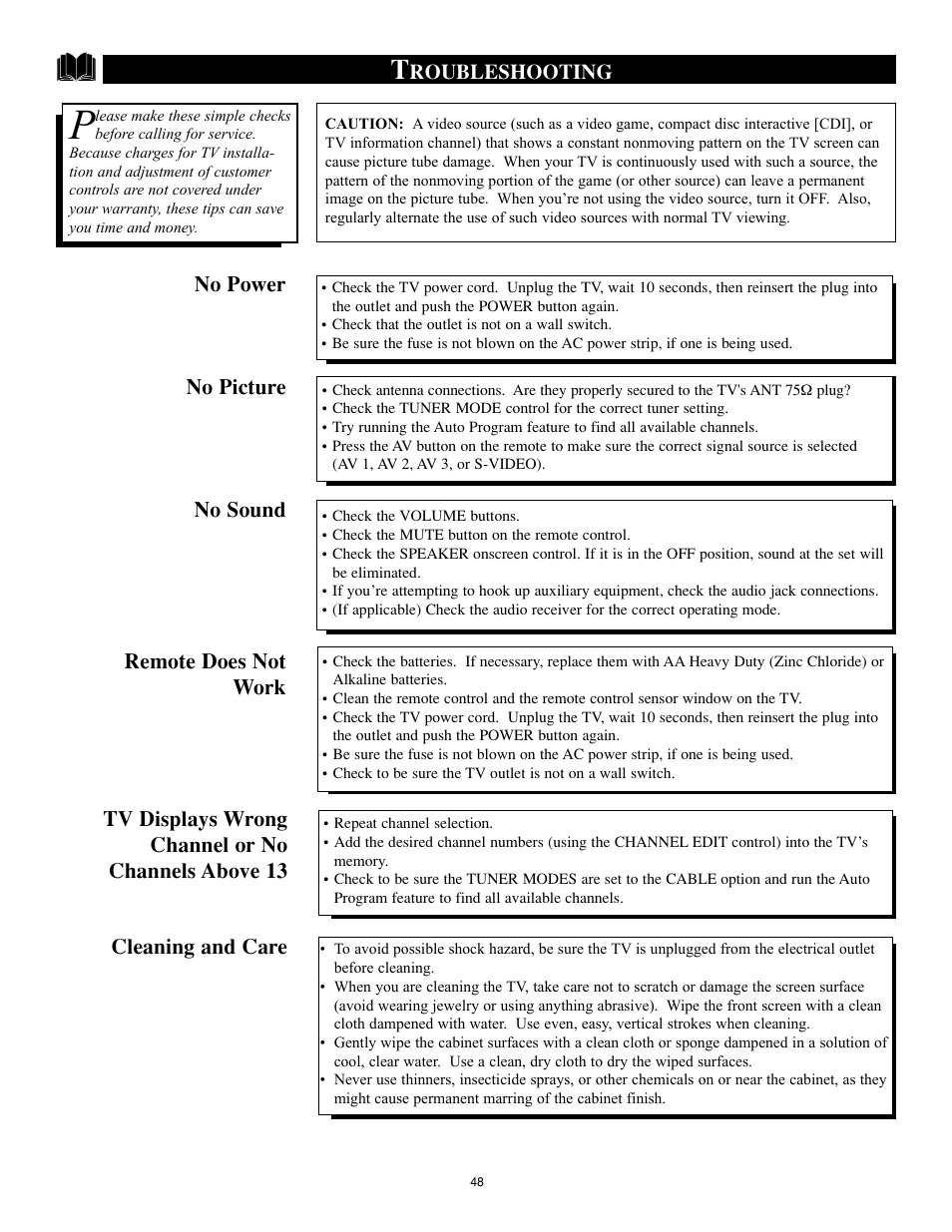 Roubleshooting, Cleaning and care | Philips 32RF50S User Manual | Page 48 / 52