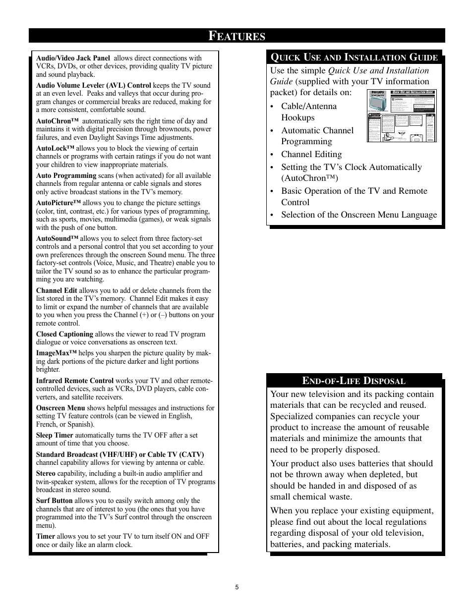 Eatures | Philips 32RF50S User Manual | Page 5 / 52
