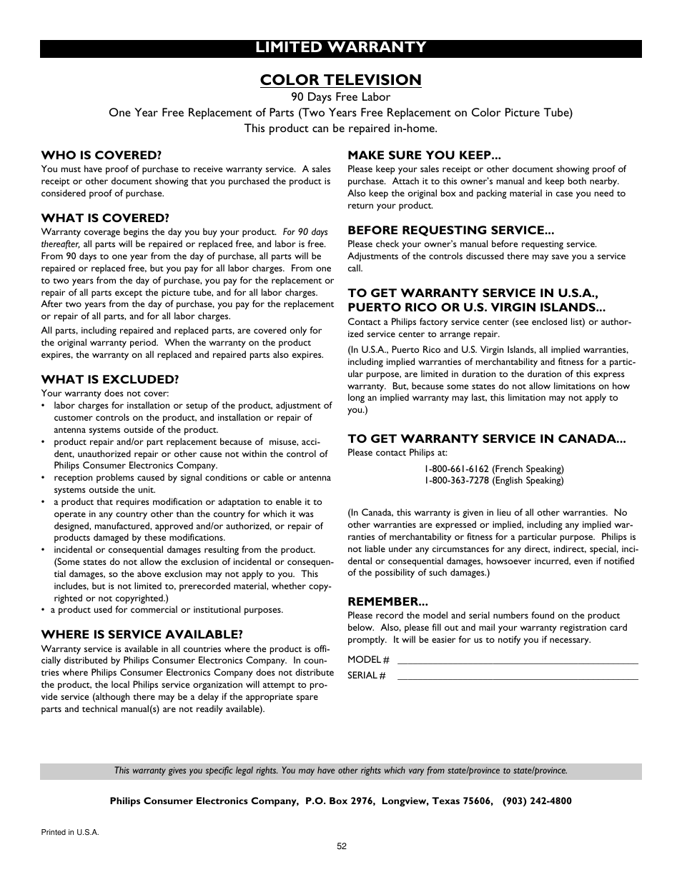 Color television, Limited warranty | Philips 32RF50S User Manual | Page 52 / 52