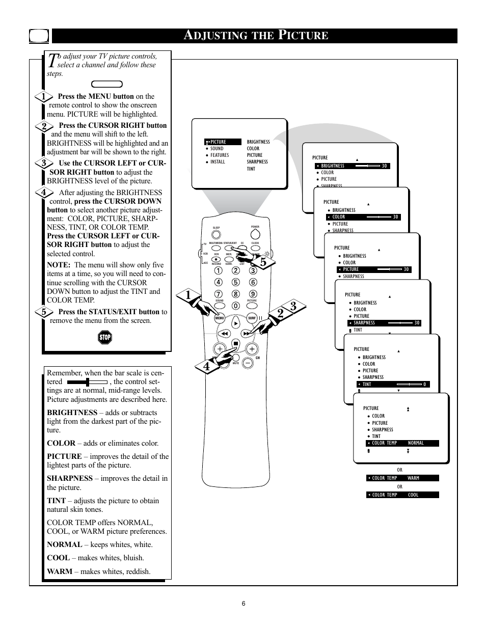 Djusting the, Icture | Philips 32RF50S User Manual | Page 6 / 52