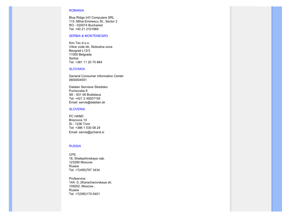 Romania, Russia, Serbia & montenegro | Slovakia, Slovenia | Philips 240P2EB-27 User Manual | Page 78 / 92