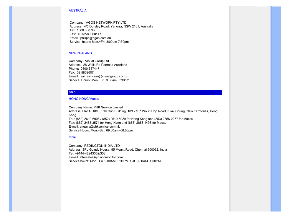 Hong kong, India, New zealand | Philips 240P2EB-27 User Manual | Page 80 / 92