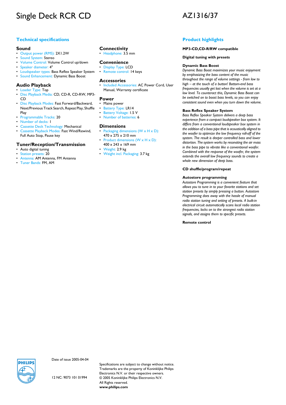 Azi3i6/37, Single deck rcr cd | Philips AZ1316-37B User Manual | Page 2 / 2