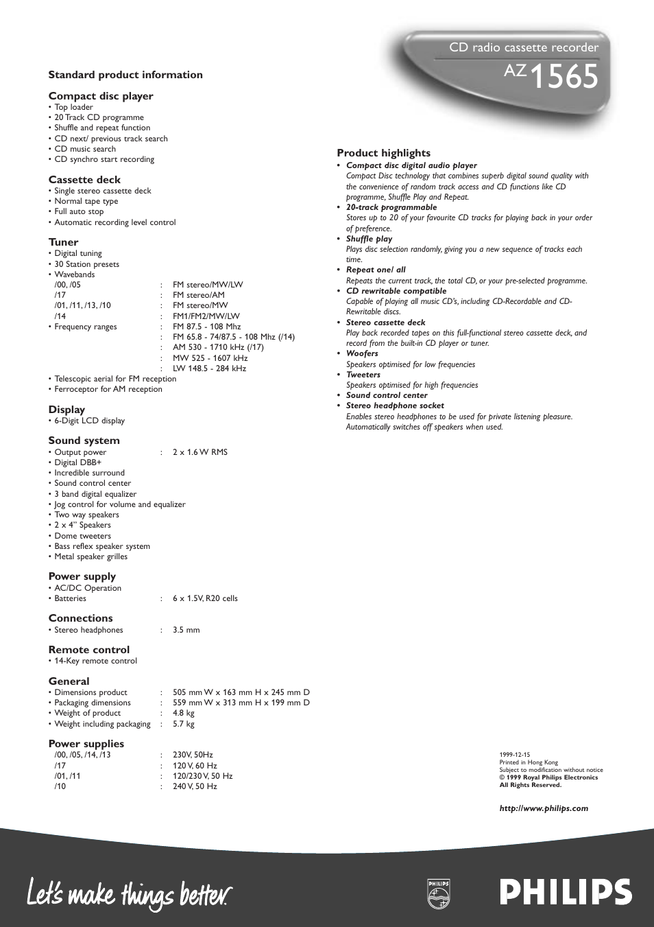 Cd radio cassette recorder | Philips AZ1565-17 User Manual | Page 2 / 2