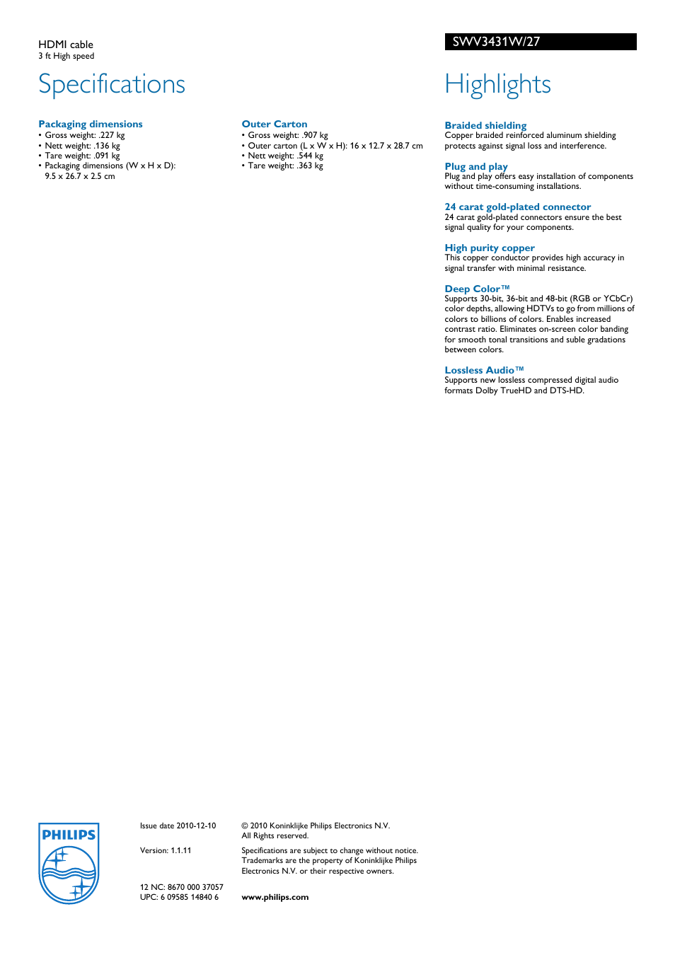 Specifications, Highlights | Philips SWV3431W-27 User Manual | Page 2 / 2