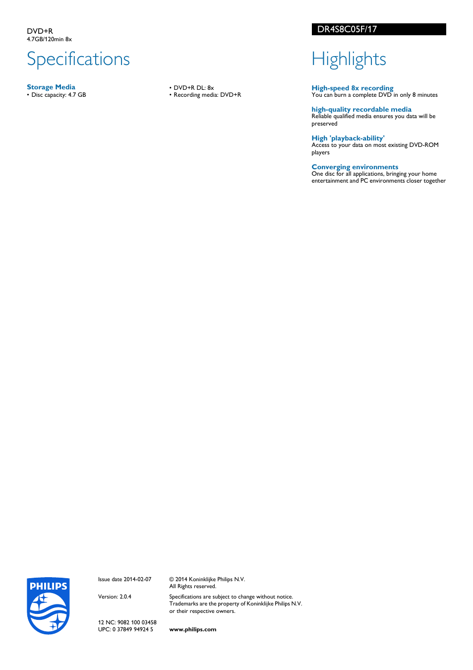 Specifications, Highlights | Philips DVD+R DR4S8C05F 4.7GB-120min 8x User Manual | Page 2 / 2