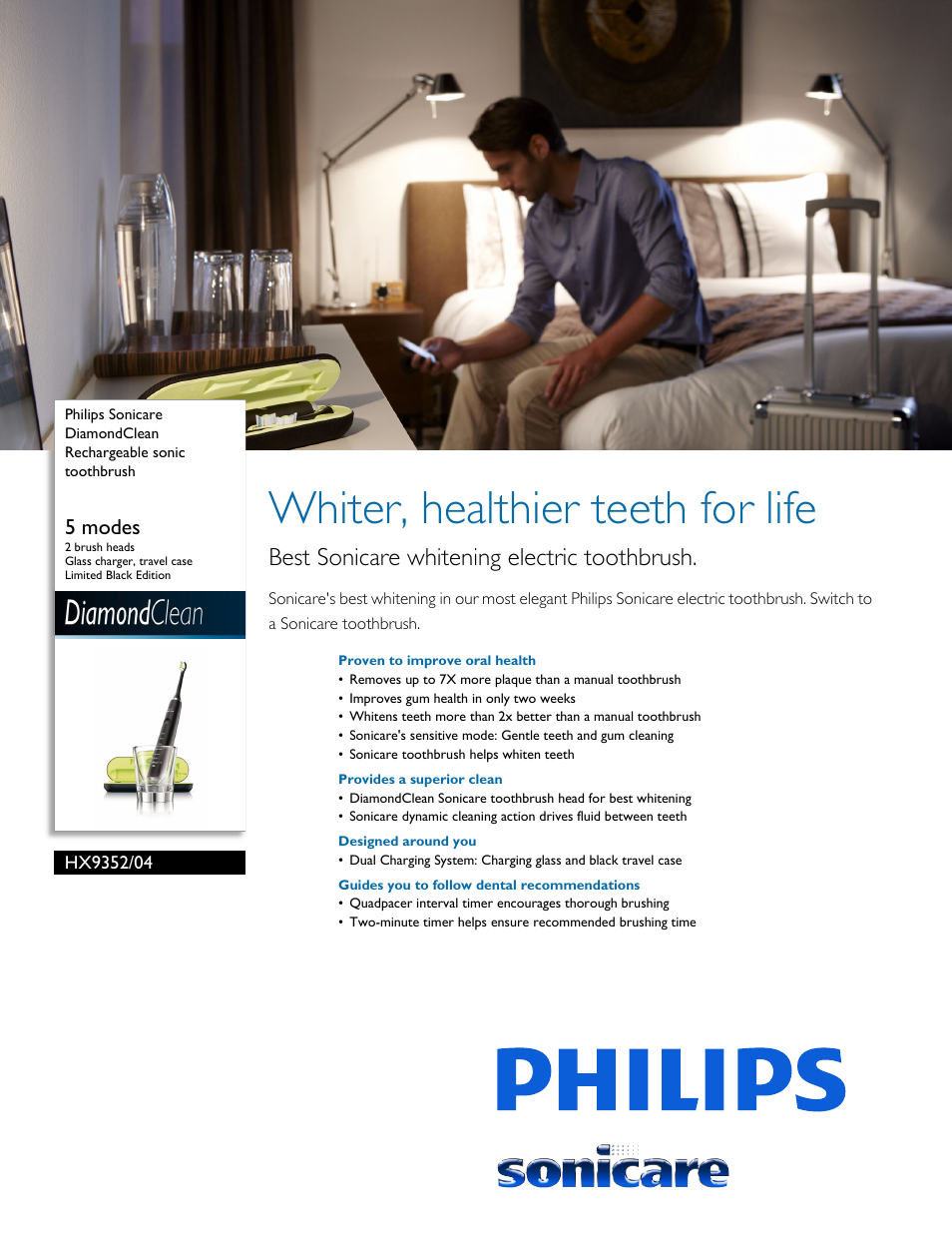 Philips Sonicare DiamondClean Rechargeable sonic toothbrush HX9352-04 5 modes 2 brush heads Glass charger travel case Limited Black Edition User Manual | 2 pages