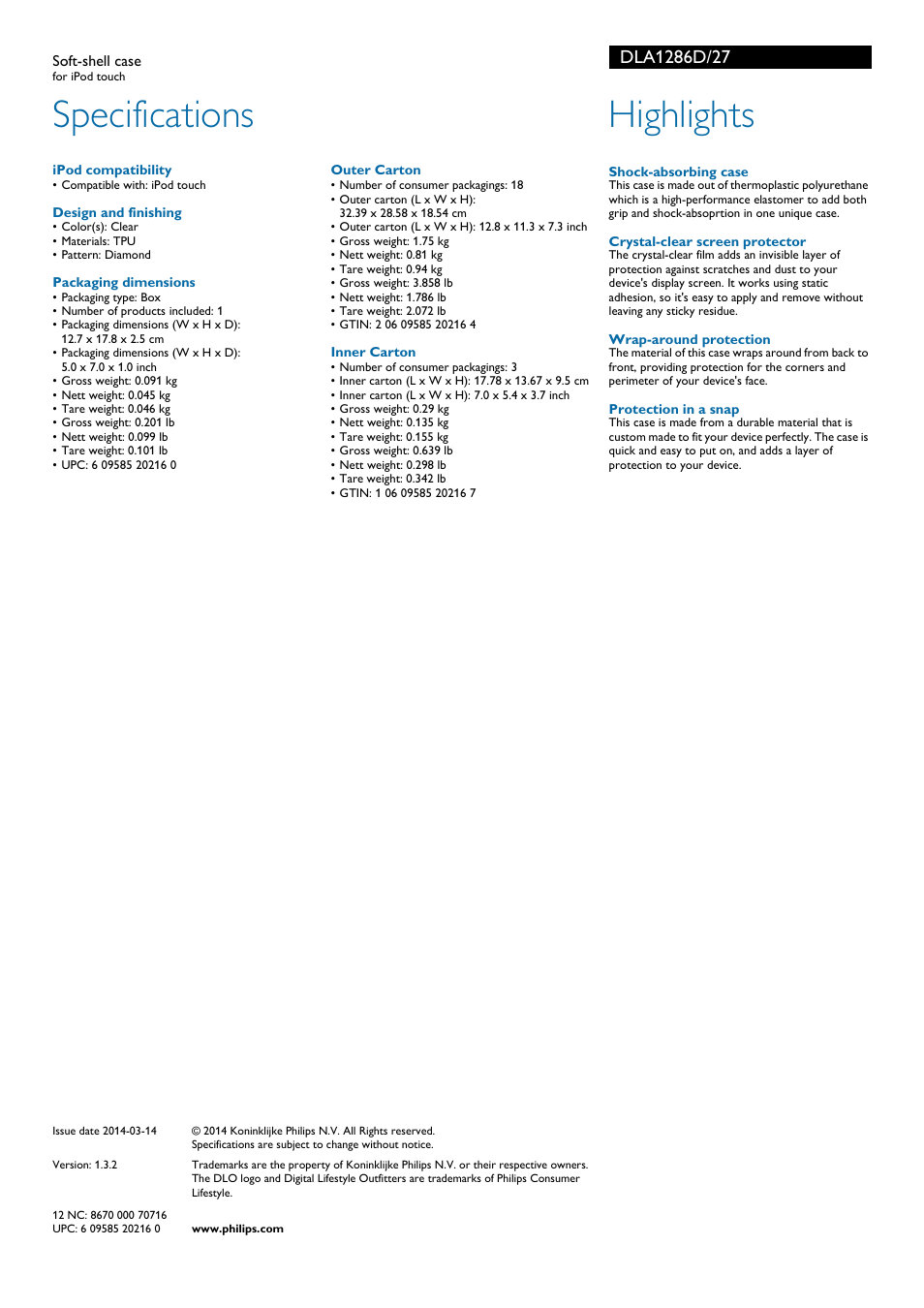 Specifications, Highlights | Philips DLO Soft-shell case DLA1286D for iPod touch User Manual | Page 2 / 2