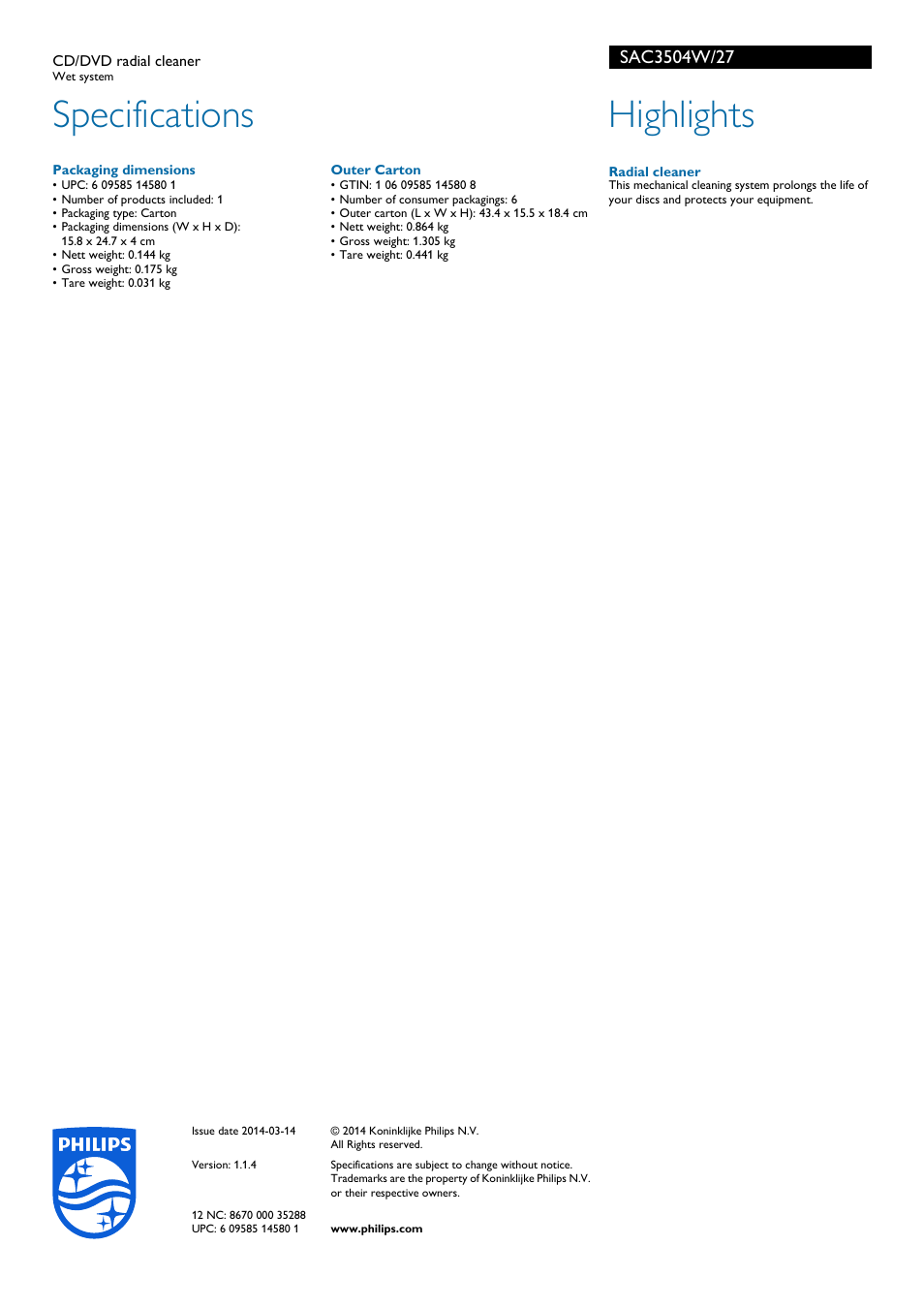 Specifications, Highlights | Philips SAC3504W-27 User Manual | Page 2 / 2