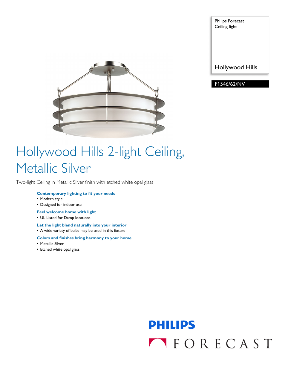 Philips Forecast Ceiling light F1546-62-NV Hollywood Hills User Manual | 2 pages