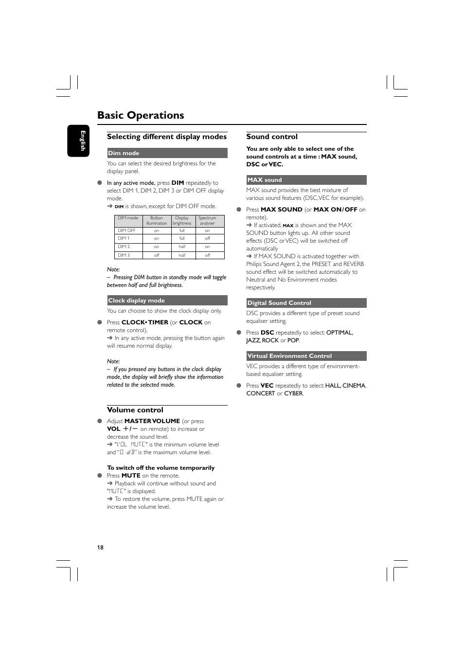 Basic operations, Selecting different display modes, Volume control | Sound control | Philips MCM530-37B User Manual | Page 18 / 28