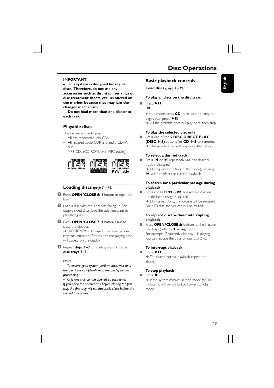 Disc operations, Playable discs, Loading discs | Basic playback controls | Philips MCM530-37B User Manual | Page 19 / 28