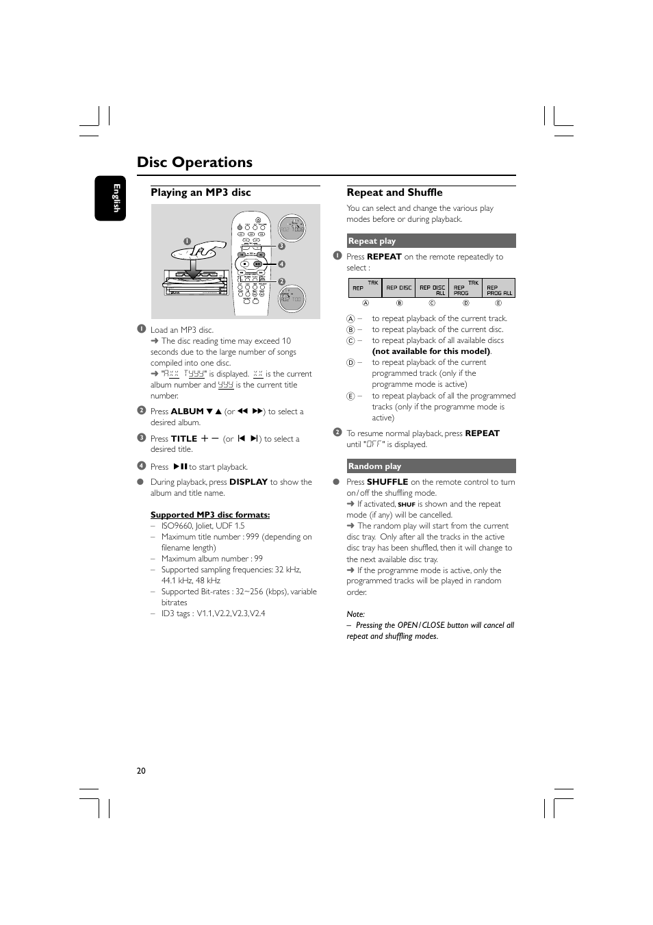 Disc operations, Playing an mp3 disc, Repeat and shuffle | Philips MCM530-37B User Manual | Page 20 / 28