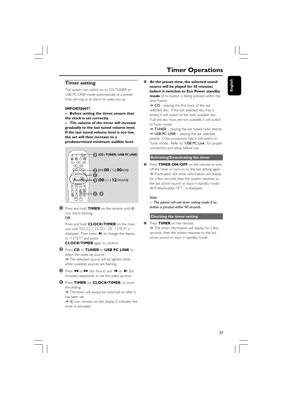 Timer operations, Timer setting | Philips MCM530-37B User Manual | Page 23 / 28