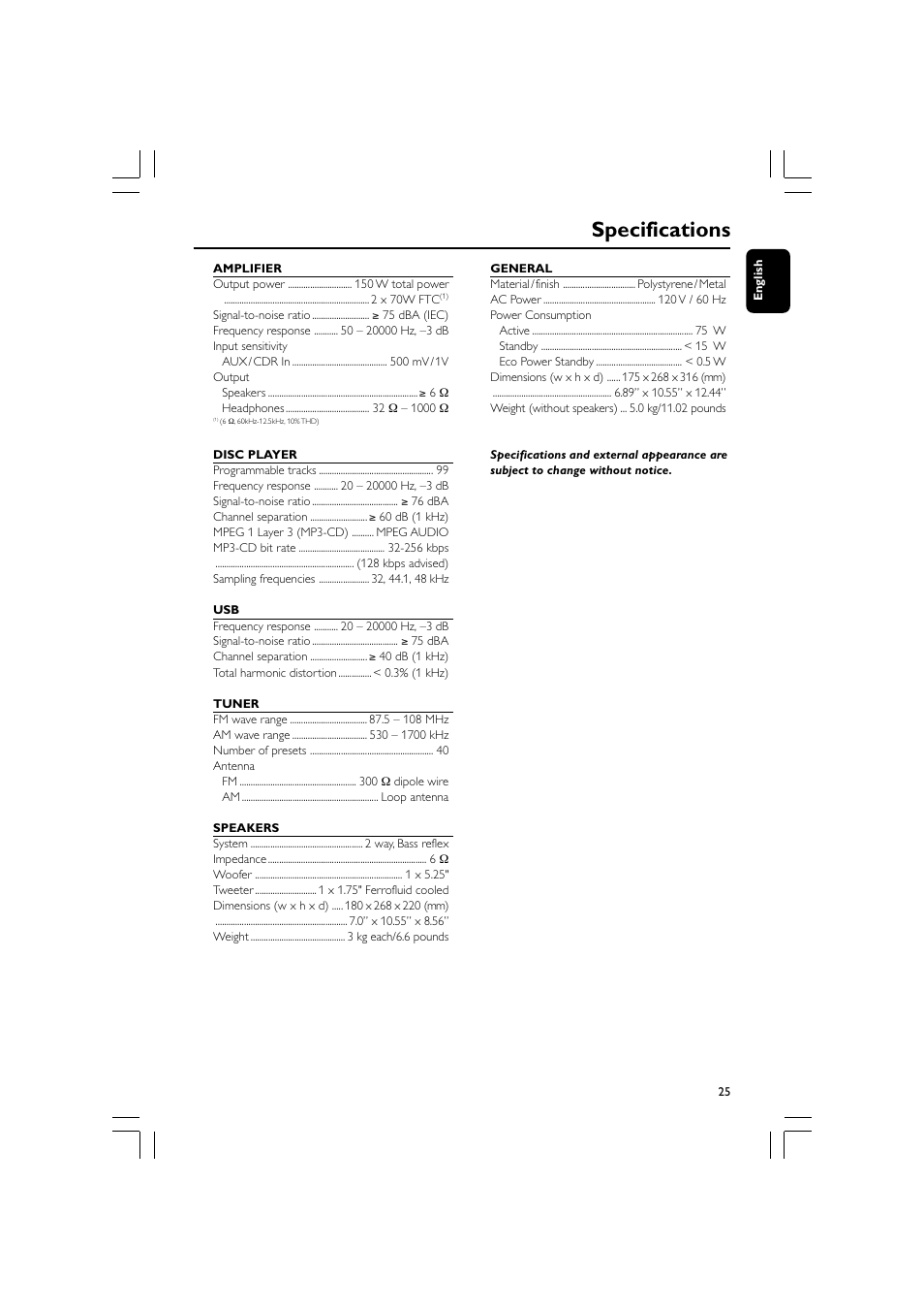 Specifications | Philips MCM530-37B User Manual | Page 25 / 28