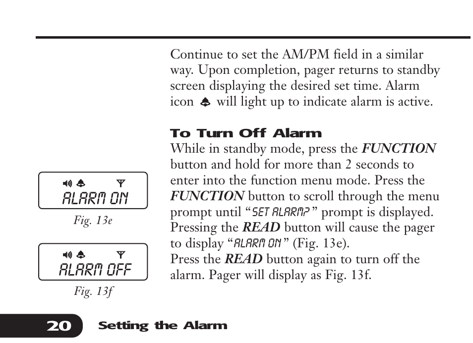 Alarm on alarm off | Audible Numeric Pager User Manual | Page 20 / 24