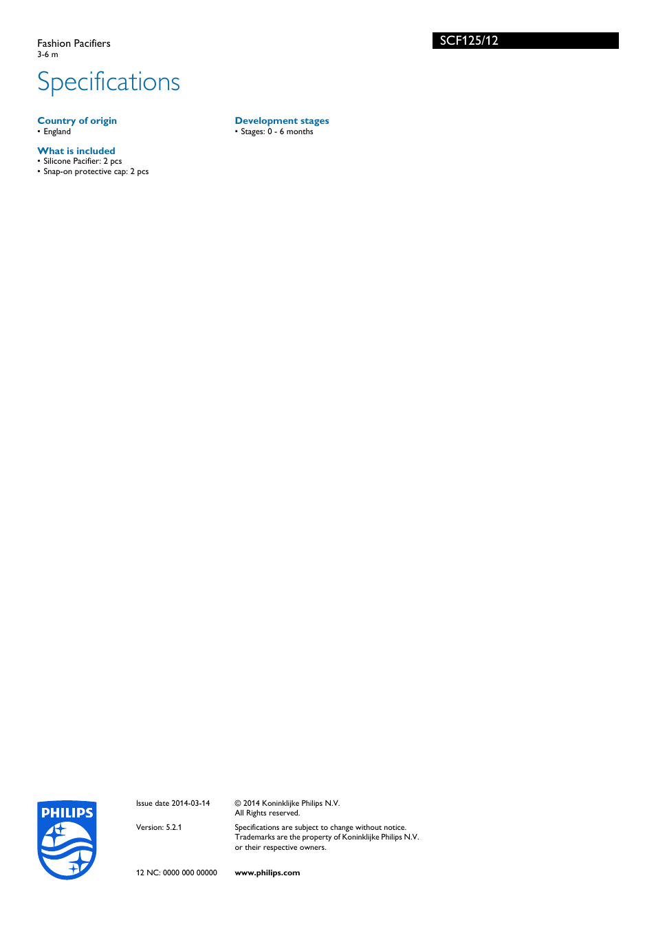 Specifications | Philips SCF125-12 User Manual | Page 2 / 2