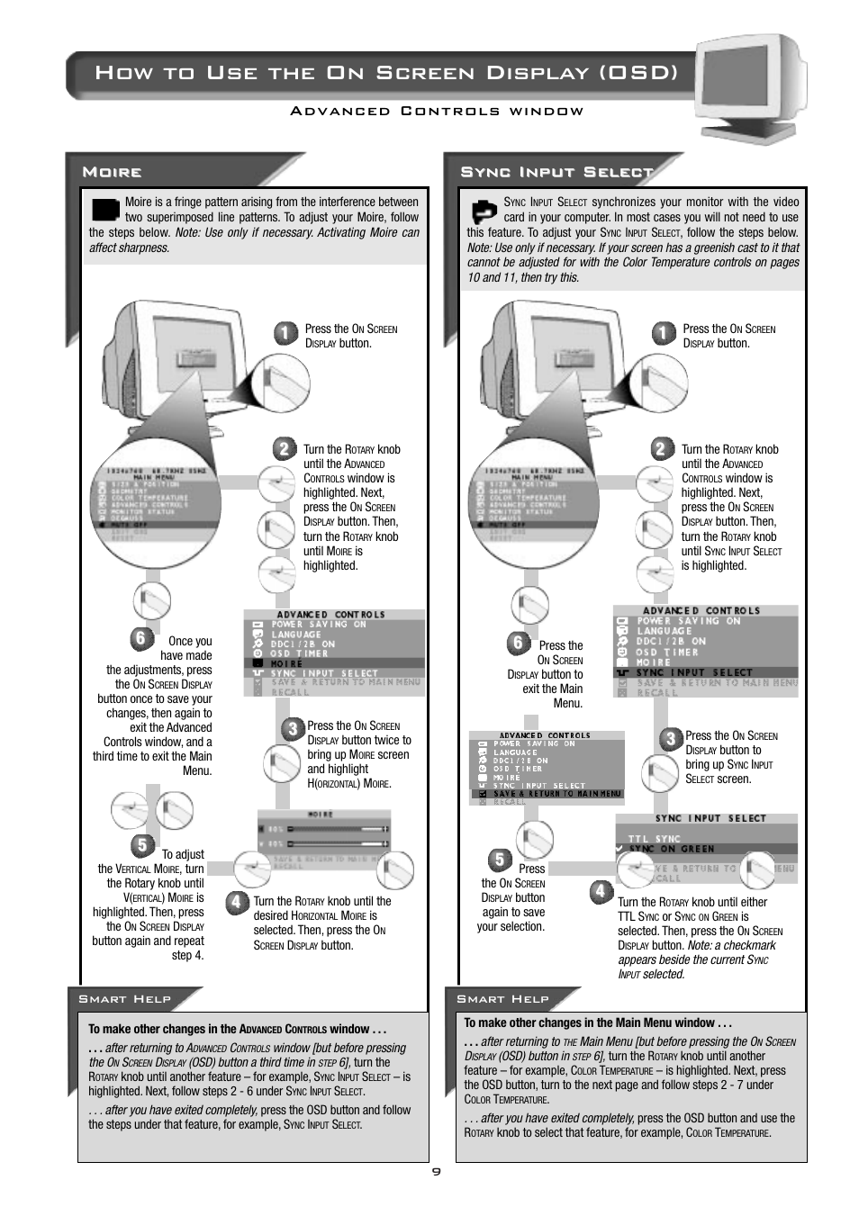 How to use the on screen display (osd), Moire, Sync inp | Sync inp ut select ut select | Philips 17B2302Q99 User Manual | Page 10 / 20