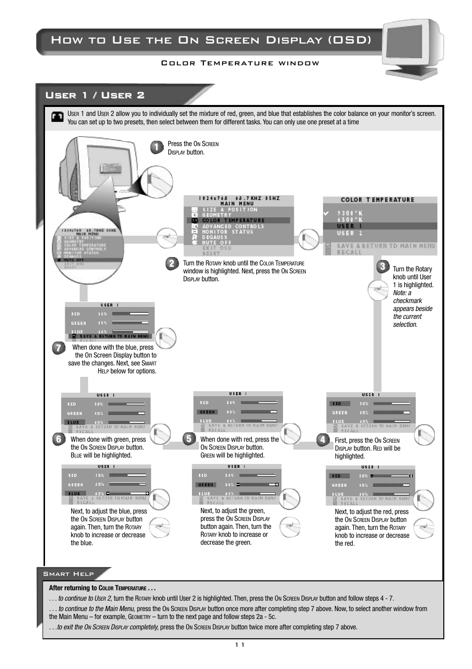 How to use the on screen display (osd), User 1 / user 2 | Philips 17B2302Q99 User Manual | Page 12 / 20