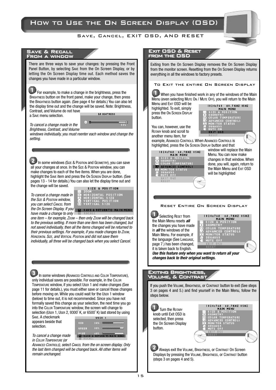 How to use the on screen display (osd), Exit osd & r, Exit osd & r eset eset from the osd from the osd | Exiting brightnes | Philips 17B2302Q99 User Manual | Page 16 / 20