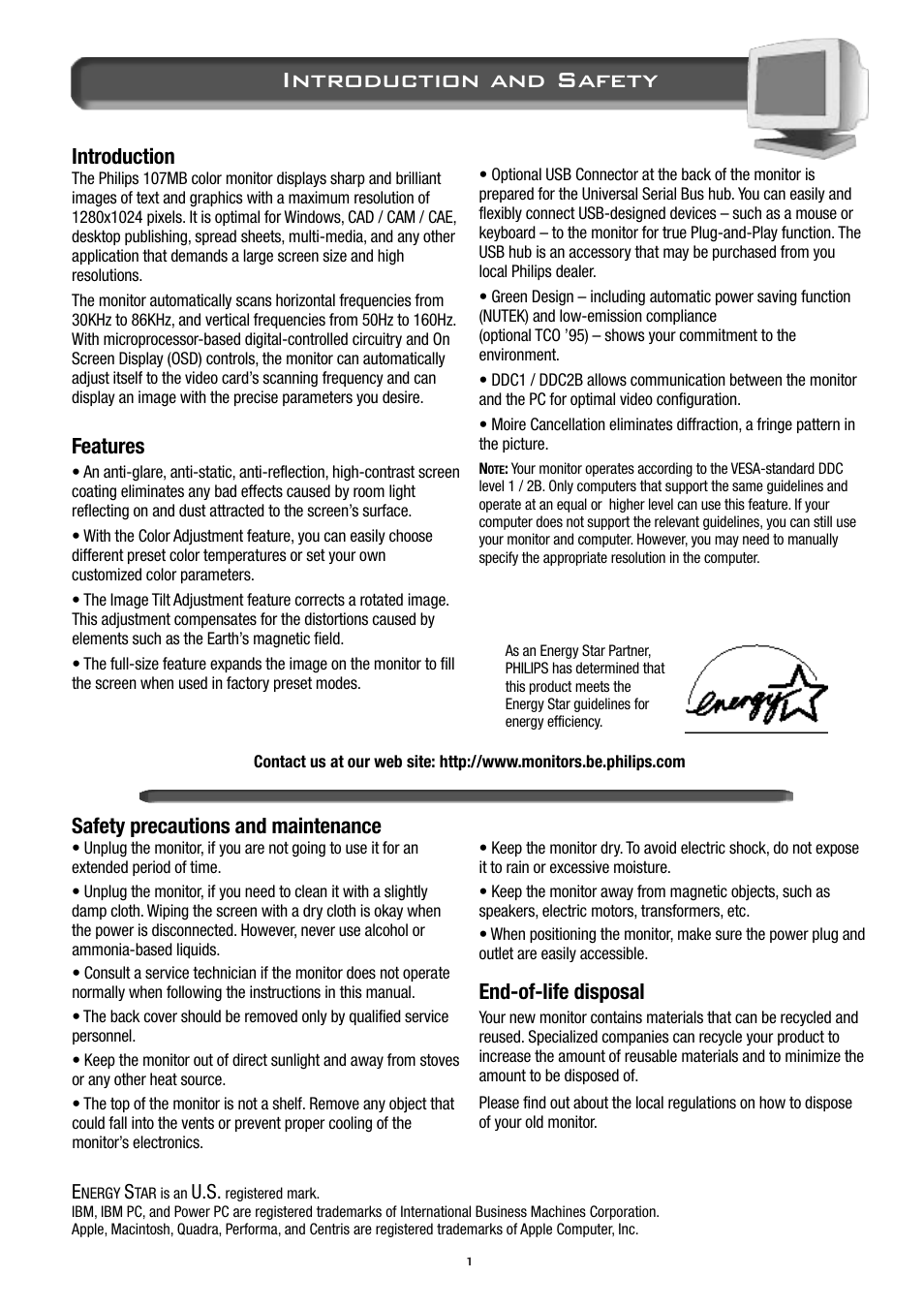 Introduction and safety, Safety precautions and maintenance, End-of-life disposal | Introduction, Features | Philips 17B2302Q99 User Manual | Page 2 / 20