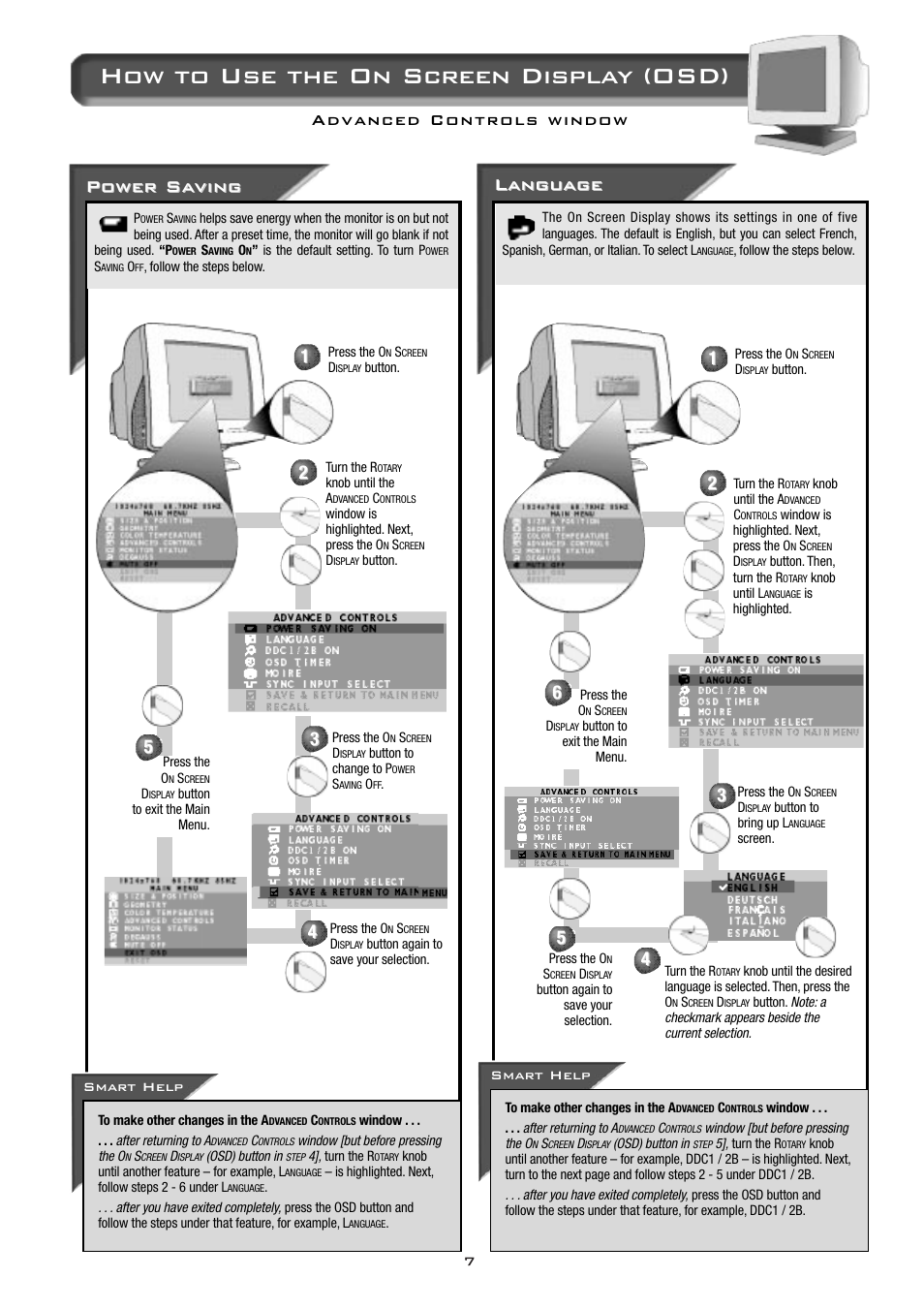 How to use the on screen display (osd), Power sa, Power sa ving ving | Langu angu age age | Philips 17B2302Q99 User Manual | Page 8 / 20