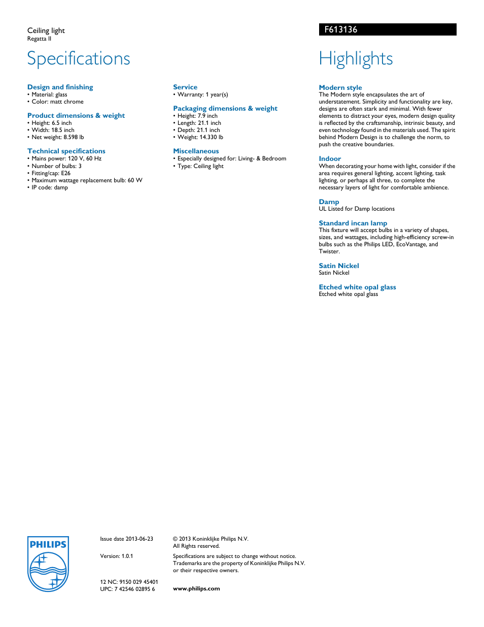 Specifications, Highlights | Philips Forecast Ceiling light F6131-36- Regatta II User Manual | Page 2 / 2