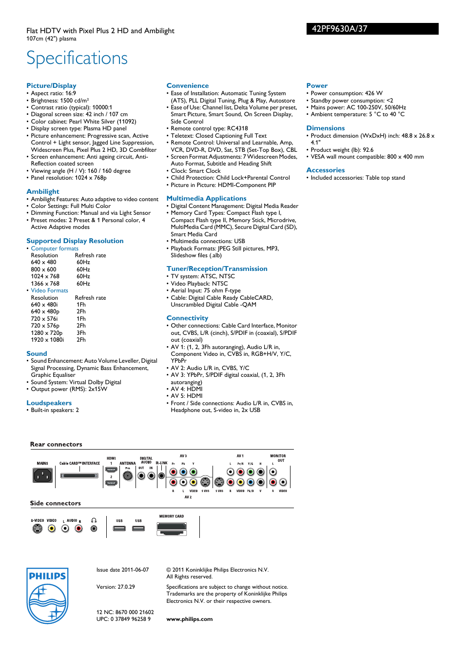 Specifications | Philips 42PF9630A-37B User Manual | Page 3 / 3