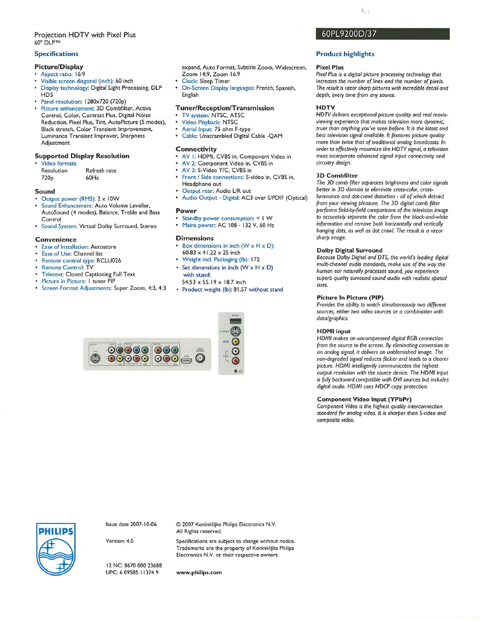 Specifications, Picture/display, Supported display resolution | Sound, Convenience, T uner/reception/t ransmission, Connectivity, Power, Dimensions, Product highlights | Philips 60PL9200D-37B User Manual | Page 2 / 2