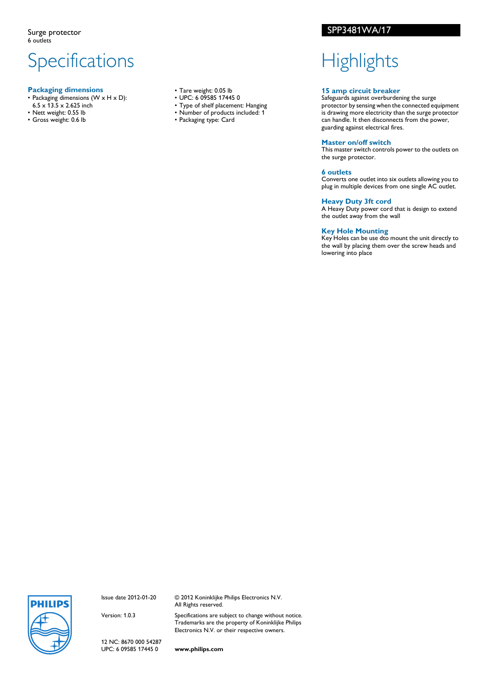 Specifications, Highlights | Philips SPP3481WA-17 User Manual | Page 2 / 2