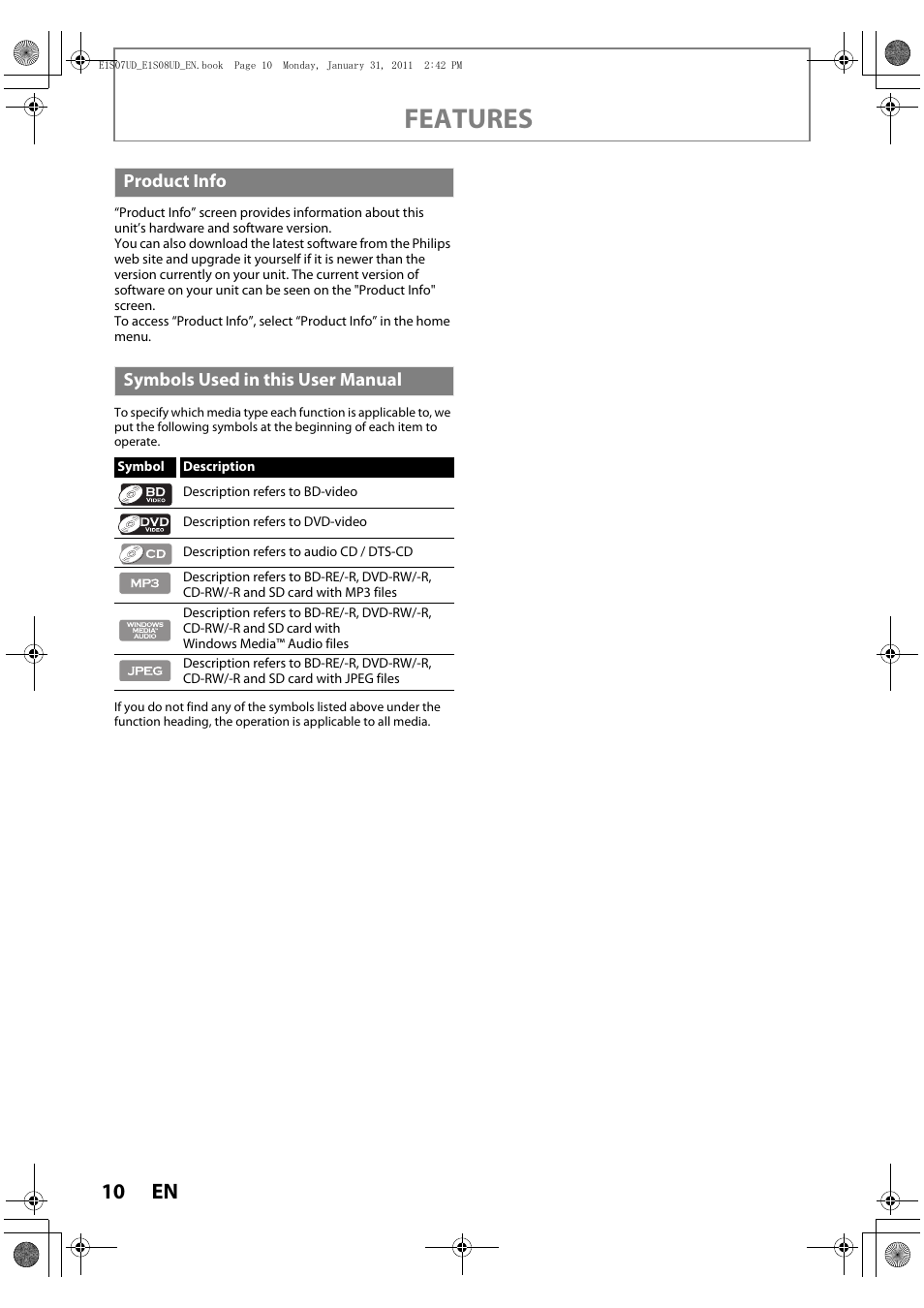Product info, Symbols used in this user manual, Features | Philips HTS3051BV-F7 User Manual | Page 10 / 64