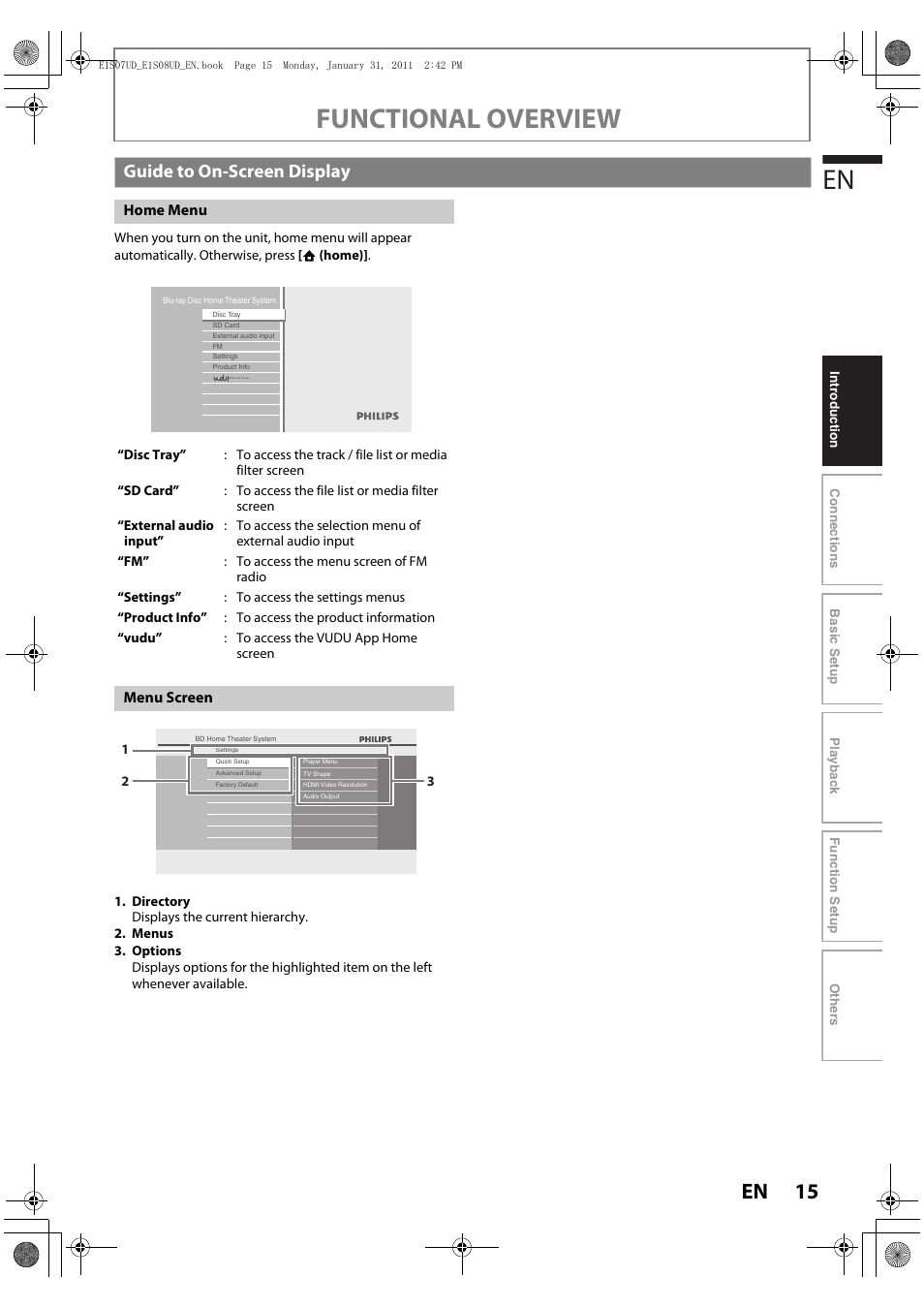 Guide to on-screen display, Functional overview | Philips HTS3051BV-F7 User Manual | Page 15 / 64