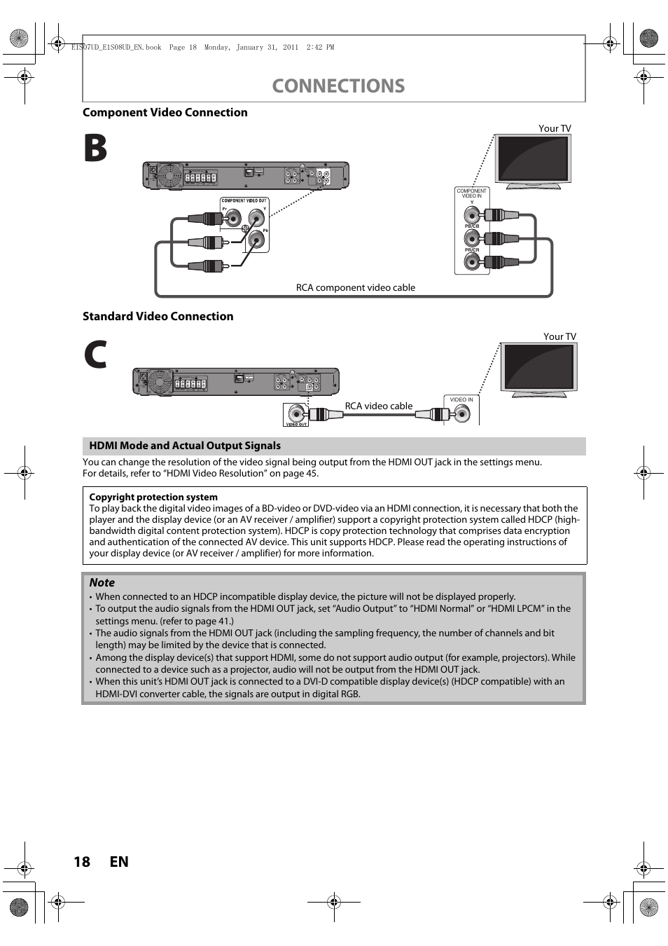 Connections, Hdmi mode and actual output signals, Sub- woofer front center rear front | Rca component video cable your tv | Philips HTS3051BV-F7 User Manual | Page 18 / 64