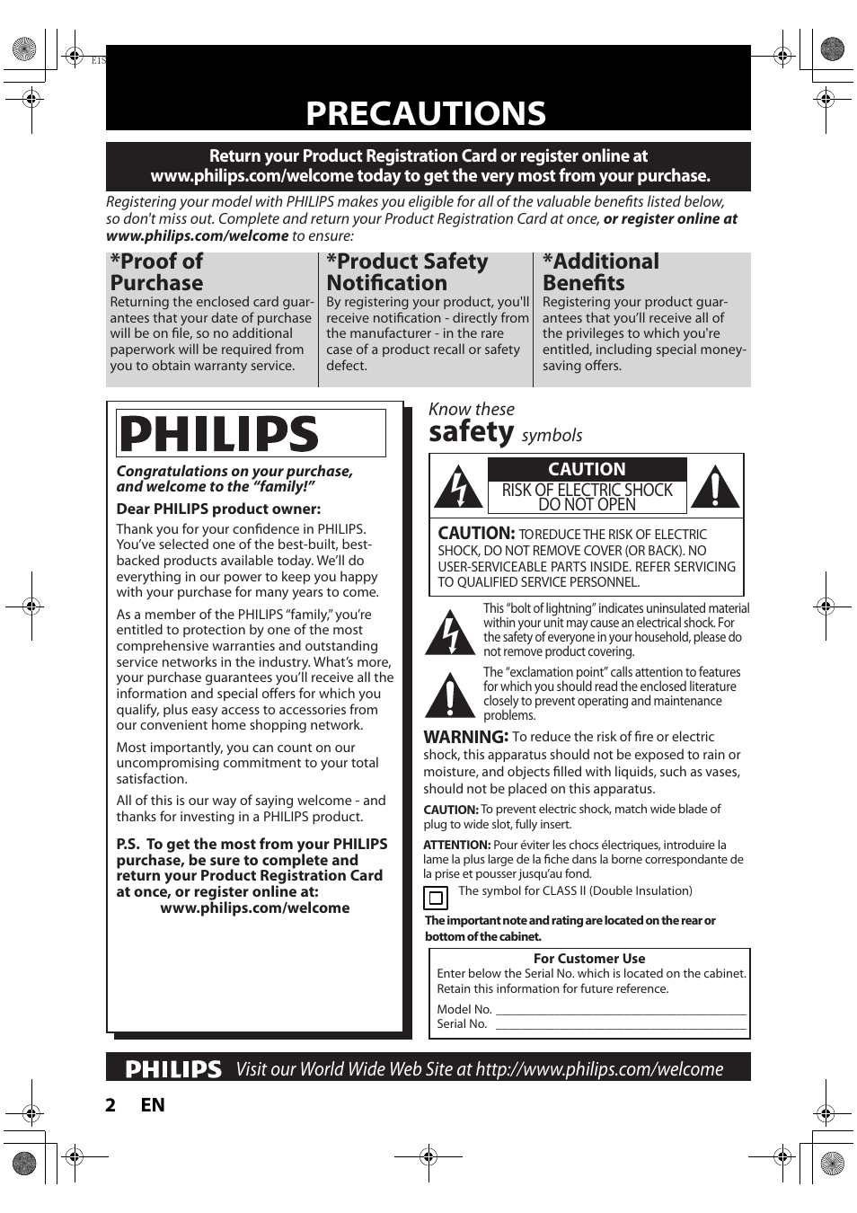 Precautions, Safety, Proof of purchase | Product safety notification, Additional benefits, En 2, Caution, Caution risk of electric shock do not open, Symbols, Warning | Philips HTS3051BV-F7 User Manual | Page 2 / 64