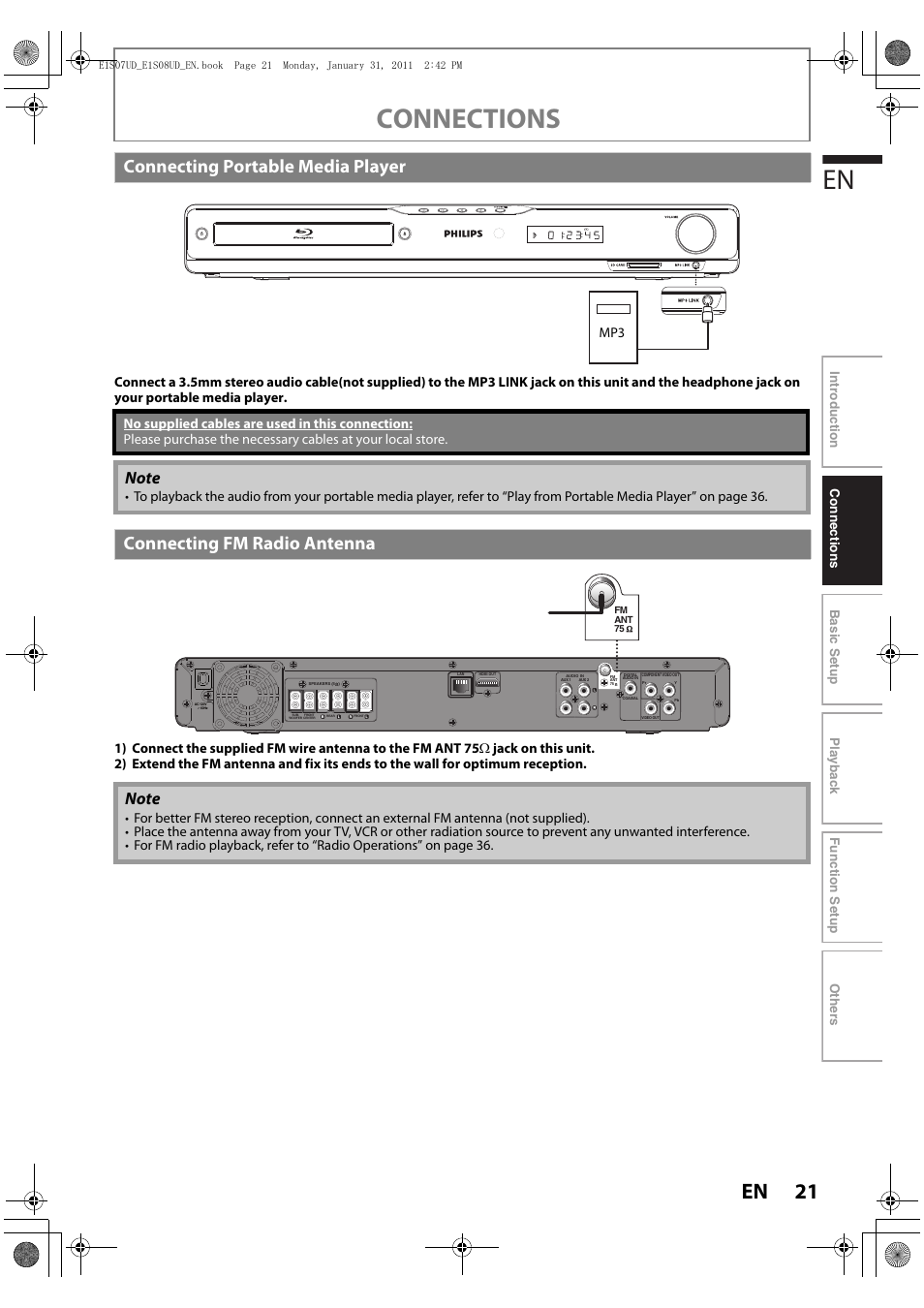 Connecting portable media player, Connecting fm radio antenna, Connections | Philips HTS3051BV-F7 User Manual | Page 21 / 64