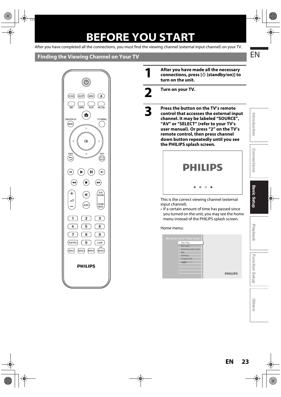 Before you start, Finding the viewing channel on your tv, 23 en | Philips HTS3051BV-F7 User Manual | Page 23 / 64