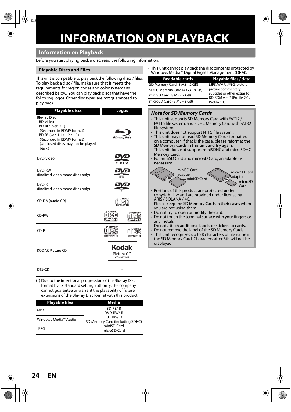 Information on playback, En 24 | Philips HTS3051BV-F7 User Manual | Page 24 / 64