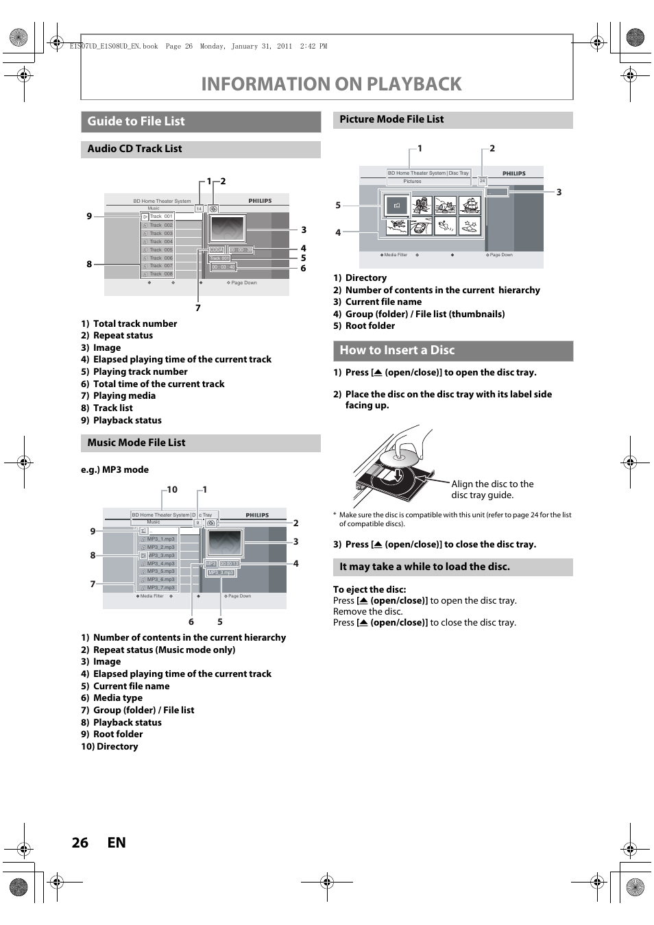 Guide to file list, How to insert a disc, Information on playback | Audio cd track list music mode file list, Picture mode file list, It may take a while to load the disc | Philips HTS3051BV-F7 User Manual | Page 26 / 64