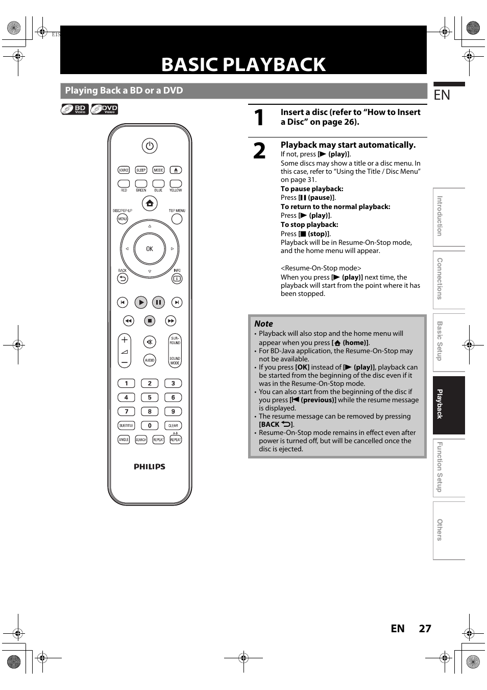 Basic playback, Playing back a bd or a dvd, 27 en | Philips HTS3051BV-F7 User Manual | Page 27 / 64