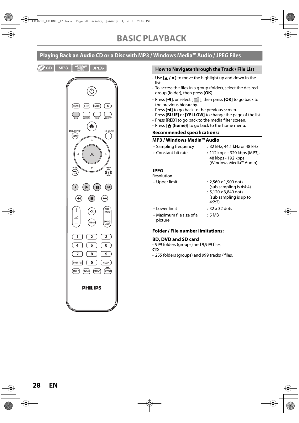 Basic playback | Philips HTS3051BV-F7 User Manual | Page 28 / 64